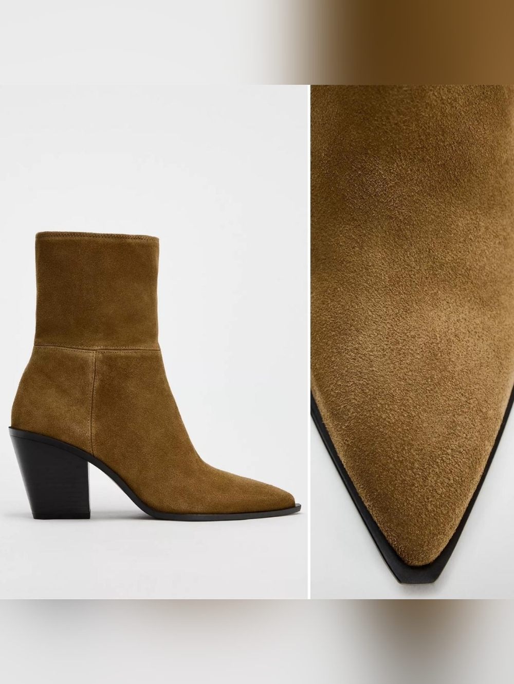Zara Suede Leather  Mid-Heel Ankle Boots in Olive Brown Size 6